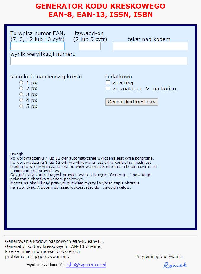 Obrazek przedstawia prosty formularz jaki należy wypełnić z przyciskiem do generowania kodu kreskowego