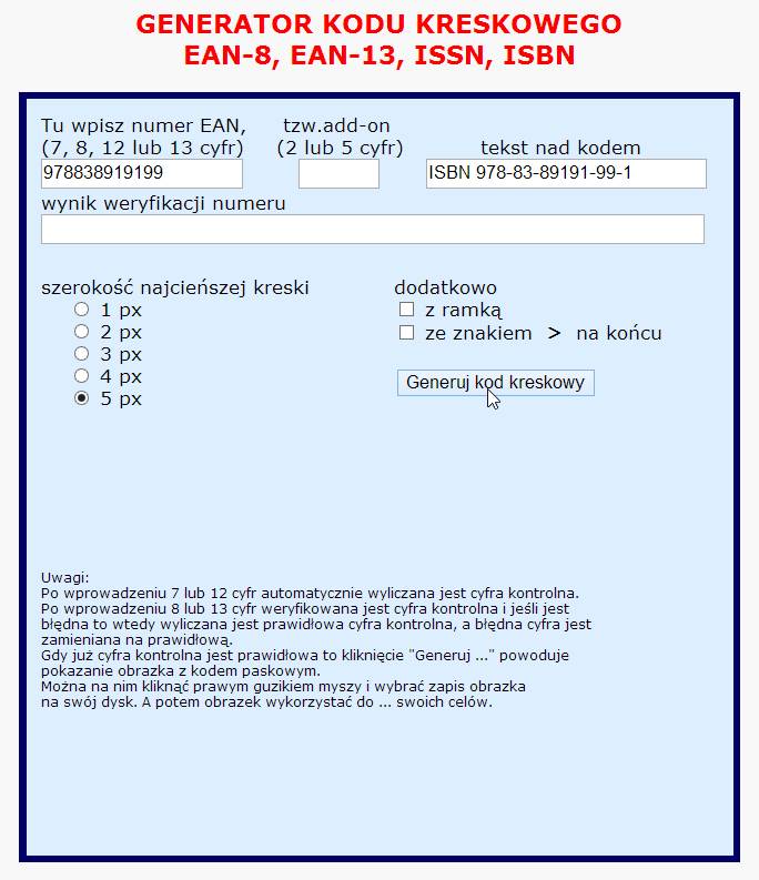Obrazek przedstawia prosty formularz jaki należy wypełnić z przyciskiem do generowania kodu kreskowego