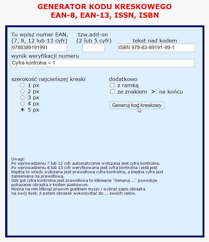Obrazek przedstawia prosty formularz jaki należy wypełnić z przyciskiem do generowania kodu kreskowego