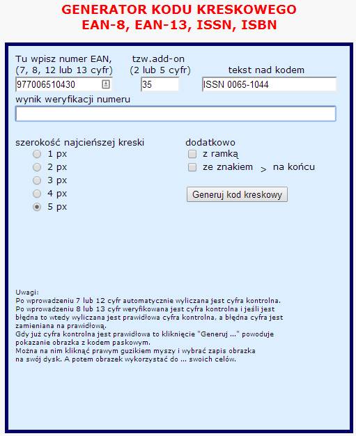 Obrazek przedstawia prosty formularz jaki należy wypełnić z przyciskiem do generowania kodu kreskowego