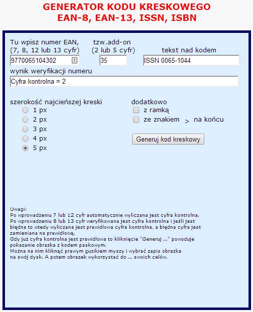 Obrazek przedstawia prosty formularz jaki należy wypełnić z przyciskiem do generowania kodu kreskowego