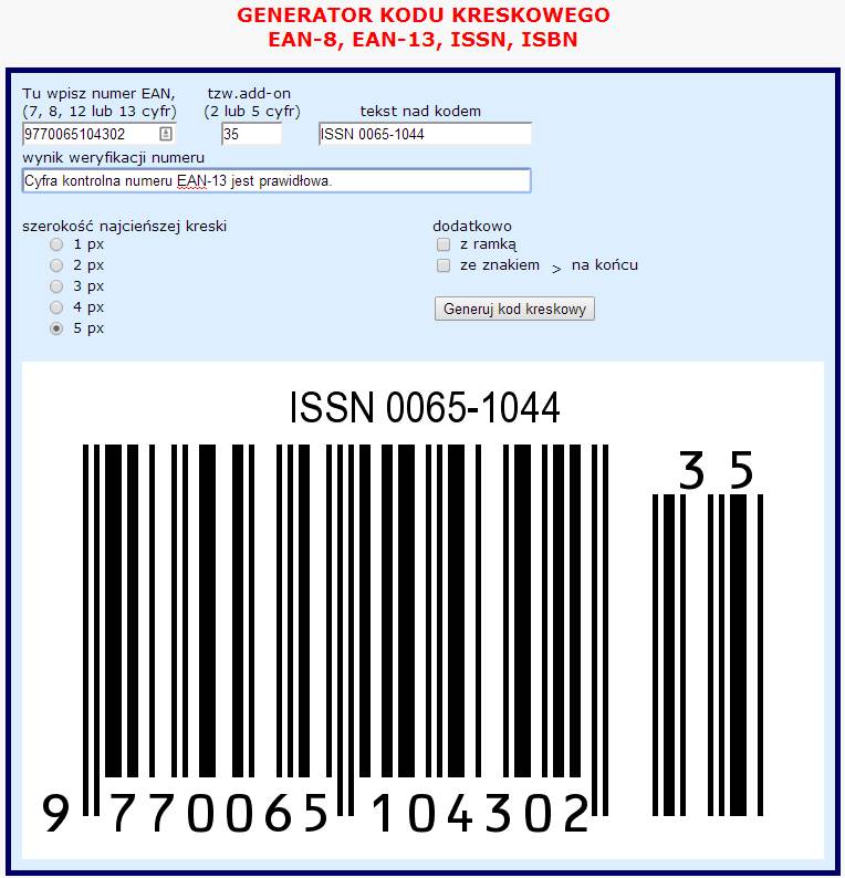 Obrazek przedstawia prosty formularz jaki należy wypełnić z przyciskiem do generowania kodu kreskowego