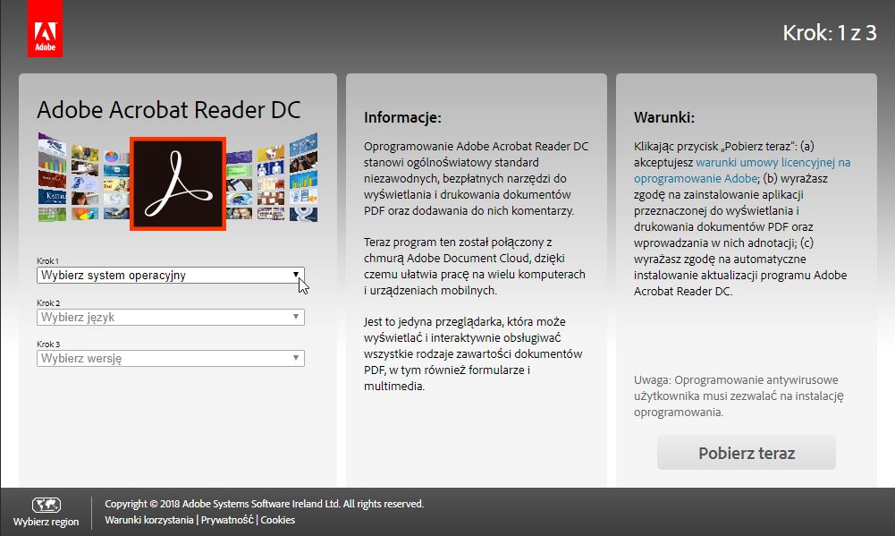 Obrazek przedstawiający wybieranie wersji pliku instalacyjnego przeglądarki Adobe Reader do ściągnięcia bezpośrednio z serwerów producenta