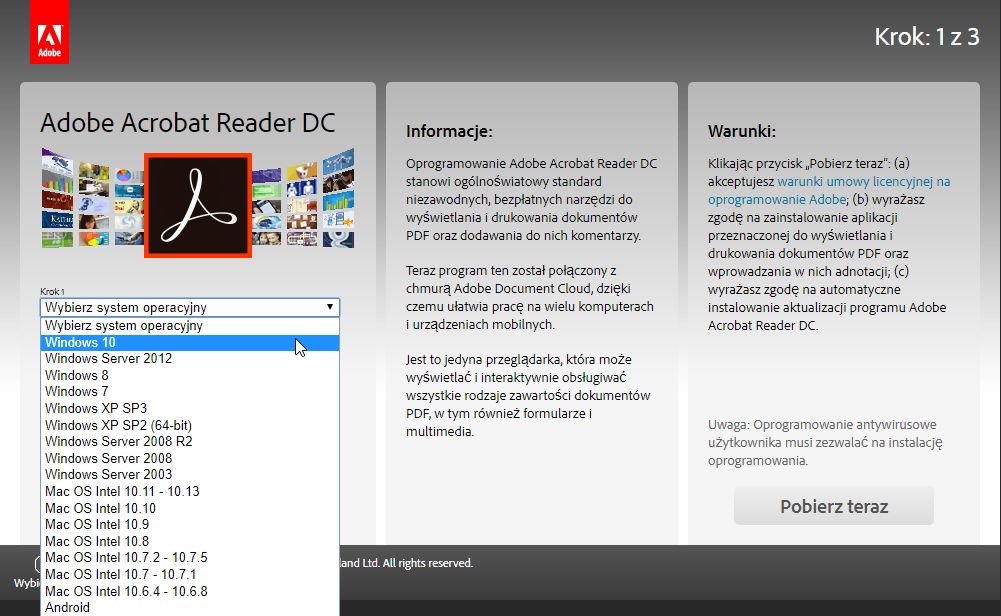 Obrazek ilustrujący pobieranie pliku instalacyjnego przeglądarki Adobe Reader DC. Dopasowanie odpowiedniej wersji instalatora do używanego systemu operacyjnego