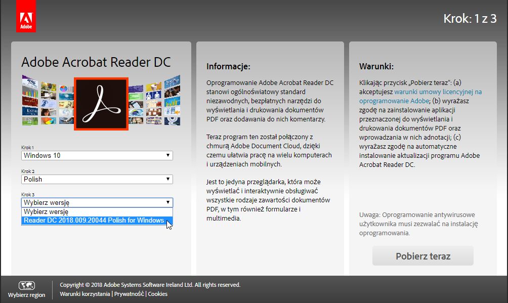 Obrazek przedstawiający pobieranie pliku instalacyjnego przeglądarki Adobe Reader DC. Wybranie polskiej wersji językowej instalatora
