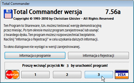 Komunikat startowy jeszcze niezarejestrowanego TotalCommandera