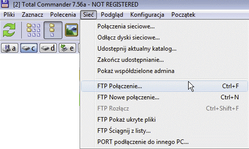 Wybieranie z menu opcji ustawień do połączeń z FTP