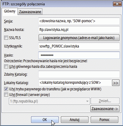 Parametry konfiguracji wybranego konta FTP
