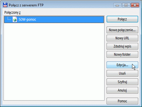 Edycja połączenia FTP wybranego z listy